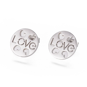 304 Stainless Steel Stud Earrings, Hypoallergenic Earrings, with Ear Nuts/Earring Back, Flat Round with Heart, Word Love, For Valentine's Day, Stainless Steel Color, 14.5x1mm, Pin: 0.6mm, 6pairs/card