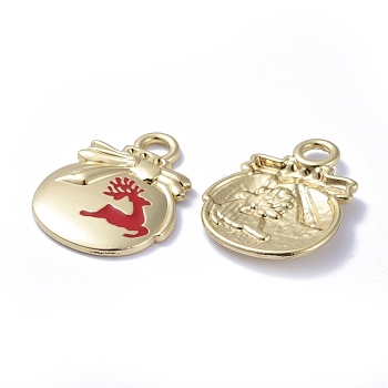 Golden Plated Alloy Enamel Pendants, for Christmas, Bag with Deer, Red, 21x16x1mm, Hole: 3mm