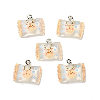 Christmas Theme Transparent Resin Pendants, with Platinum Tone Iron Loops, Candy Bag Charm with Reindeer Pattern, Pink, 17x20.5x5mm, Hole: 2mm