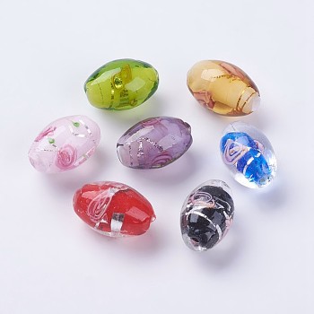 Handmade Silver Foil Lampwork Beads, Inner Flower, Rice, Mixed Color, 16~17x11mm, Hole: 1.5mm