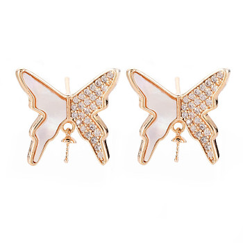 Brass Micro Pave Clear Cubic Zirconia Dangle Stud Earrings Findings, with Natural Shell, for Half Drilled Bead, Nickel Free, Butterfly, Real 18K Gold Plated, 16.5x17mm, Pin: 0.8mm, Pin: 0.7mm(for Half Drilled Beads)