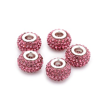 Resin European Rhinestone Beads, Grade A, with Silver Plated Brass Double Cores, Rondelle, Flamingo, 15x10mm, Hole: 5mm