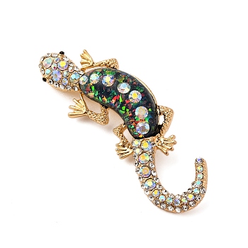 Lizard Alloy Crystal AB Rhinestone Brooches with Resin, Golden, Black, 70.5x25mm