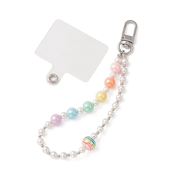 Acrylic Shell Pearl Beaded Mobile Straps, with Alloy Spring Gate Ring and Plastic Cell Phone Lanyard Tether, Platinum, 16cm