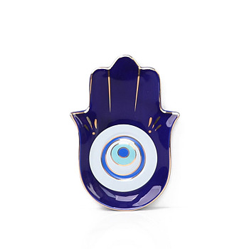 Porcelain Jewelry Plates, Hamsa Hand Shape Evil Eye Pattern Tray, Dark Blue, 160x115mm