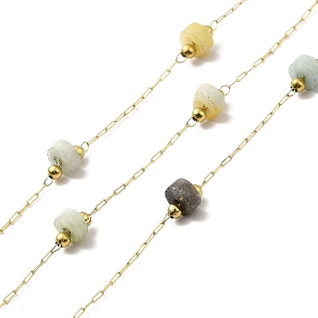 Ion Plating(IP) 316 Surgical Stainless Steel Paperclip Chains, with Natural Amazonite Column Beads, Soldered, Real 18K Gold Plated, with Spool, Link: 2.5x1x0.3mm