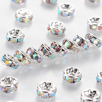 Brass Grade A Rhinestone Spacer Beads, Silver Color Plated, Nickel Free, Crystal AB, 7x3.2mm, Hole: 1.2mm