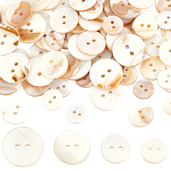 80Pcs 4 Styles Shell Buttons, 2-Hole, Flat Round, Ghost White, 13~20x2mm, Hole: 1.6~2mm, 20pcs/style