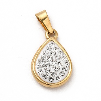 Polymer Clay Rhinestone Pendant, with Vacuum Plating 201 Stainless Steel, Teardrop, Golden, 17x12x4mm, Hole: 5x2.5mm