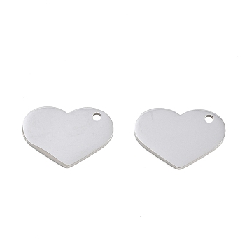 304 Stainless Steel Pendants, Heart Charms, Stamping Blank Tag, Stainless Steel Color, 10x16x1.5mm, Hole: 1.2mm