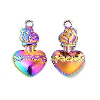 Ion Plating(IP) 304 Stainless Steel Pendants, Heart Charms, Rainbow Color, 27x15.5x3mm, Hole: 3mm