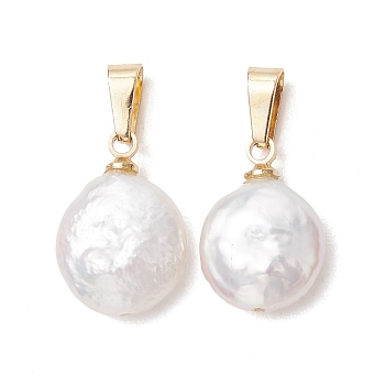 Natural Baroque Pearl Keshi Pearl Pendants, Flat Round Charms withh 304 Stainless Steel Snap on Bails, Antique White, Golden, 15.5~16x11x5mm, Hole: 5.5x2.5mm
