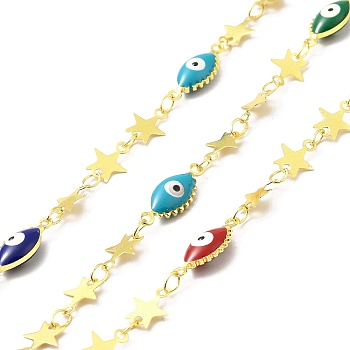 Handmade Enamel Horse Eye with Evil Eye Link Chain, Star Brass Links Chains, Soldered, with Spool, Cadmium Free & Lead Free, Real 18K Gold Plated, Horse Eye: 16x6.5x4mm, Star: 8x7x0.2mm