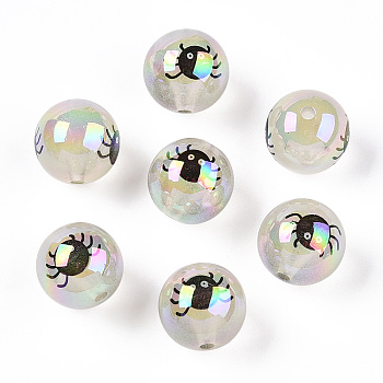 UV Plating Acrylic Beads, Iridescent, Halloween Theme, Round with Spider Pattern, Beige, 15.5mm, Hole: 2.4mm