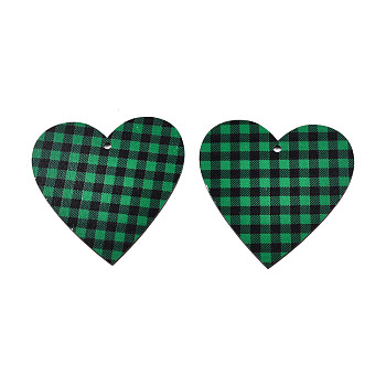 Single-Sided Printed Wood Big Pendants, Heart Charm with Tartan Pattern, Green, 80x79x2mm, Hole: 3.5mm