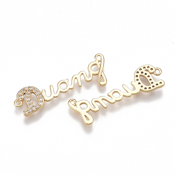 Brass Micro Pave Cubic Zirconia Links, Word Duang, Clear, Nickel Free, Real 18K Gold Plated, 28x9x2mm, Hole: 1mm