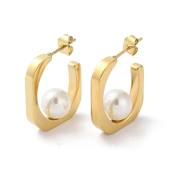 Ion Plating(IP) 304 Stainless Steel Stud Earrings, with Glass Pearl, C-shape, Golden, 24x3mm