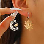 Brass & Crystal Rhinestone Hoop Earrings, Moon & Sun, Left and Right, Platinum & Golden, 40x24mm(WG06C1A-05)