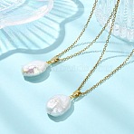 Natural Baroque Keshi Pearl Oval Pendant 304 Stainless Steel Cable Chain Necklaces, White, Golden, 16.54 inch(42cm)(NJEW-JN06135)