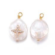 Natural Cultured Freshwater Pearl Pendants, with Brass Cubic Zirconia Findings, Nuggets with Cross, Golden, Clear, 17~26x11~16x5~11mm, Hole: 1.6~2mm(PEAR-E013-16C)