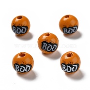 Halloween Spray Painted Wood Beads, Round with Word Boo, Dark Orange, 15.5~16x14.5~15mm, Hole: 4mm(WOOD-C002-04)