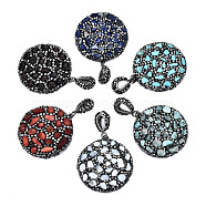 Polymer Clay Rhinestone Pendants, with Gemstone Chip/Natural Shell Chip and PU Leather, Flat Round, Gunmetal, PP12(1.8~1.9mm), 39~41x37x7~8mm,  Hole: 9x5mm(RB-S056-14A-B)