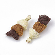 Polycotton(Polyester Cotton) Tassel Pendant Decorations, with Golden Iron Jump Rings and Metallic Cord, Coconut Brown, 33~46x12~15mm, Hole: 3x1.5mm(FIND-S264-13)