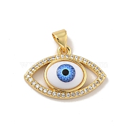 Brass Micro Pave Cubic Zirconia Pendants, with Acrylic, Cadmium Free & Lead Free, Long-Lasting Plated, Evil Eye, Real 18K Gold Plated, Royal Blue, 15x22.5x6mm, Hole: 4x3.5mm(KK-B059-40G-A)