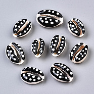 Natural Cowrie Shell Beads, with Enamel Polka Dot Pattern, No Hole/Undrilled, Black, 16~19x10~12.5x7mm(SHEL-Q312-006H)