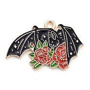 Halloween Alloy Enamel Pendants, Light Gold, Bat Charm, Rose, 18.5x28x1mm, Hole: 1.5mm(FIND-M019-02E)