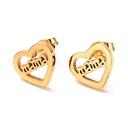 Ion Plating(IP) 304 Stainless Steel Stud Earrings, Heart with Word Mama, Golden, 12x10.5mm, Pin: 0.8mm(EJEW-C001-07G)