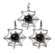 Natural Obsidian Spider Web Pendants, Rack Plating Antique Silver Plated Brass Halloween Net Charms, Cadmium Free & Lead Free, 44.5x37.5x7mm, Hole: 7.5x5mm(G-Q163-09AS-02)