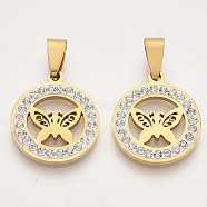 201 Stainless Steel Pendants, with Random Size Snap On Bails and Polymer Clay Crystal Rhinestones, Flat Round with Butterfly, Golden, 23x20x2~3mm, Hole: 7~10x3~5mm(STAS-N089-92G)