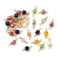 Faceted Glass Connector Charms, with Raw(Unplated) Brass Double Loops, Cube, Mixed Color, 13x4~4.5x4~4.5mm, Hole: 1.6mm(GLAA-E046-02C)