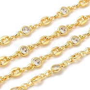 Rack Plating Brass Coffee Bean & Flat Round Link Chain, with Cubic Zirconia, Unwelded, Long-Lasting Plated, Lead Free & Cadmium Free, Real 18K Gold Plated, 8x4x1.5mm, 8x3.5x1mm(CHC-H105-04G)