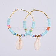 Brass Heishi Beaded Hoop Earrings, with Cowrie Shell, 304 Stainless Steel Round Beads, Golden, Colorful, 73x47.5mm, Pin: 0.8mm(EJEW-JE03462)