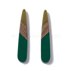 Opaque Resin & Walnut Wood Pendants, Teardrop Charms, Dark Green, 44x7.5x3.5mm, Hole: 1.5mm(RESI-M027-12C)