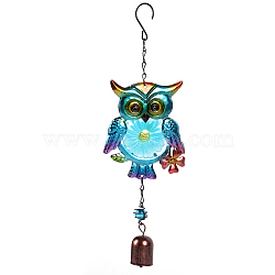 Glass Wind Chimes, Iron Pendant Decorations, Owl, Dark Turquoise, 360x120mm(WICH-PW0001-64C-01)