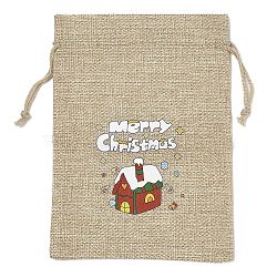 Christmas Printed Burlap Packing Pouches Drawstring Bags, Rectangle, Tan, House, 18x13x0.01cm(ABAG-Q053-02B-08)