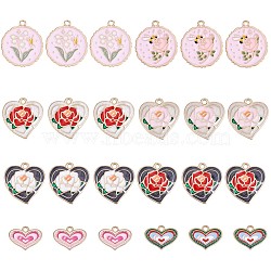 24Pcs Alloy Enamel Pendants, Light Gold, Heart with Rose & Heart & Flat Round with Flower, Mixed Color, 13x19mm(JX178A)