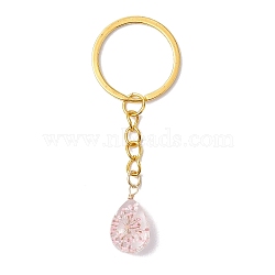 Glass Pendant Keychain, with Dried Flower Inside & Brass Findings, Teardrop, Pink, 8.05cm(KEYC-JKC00971)