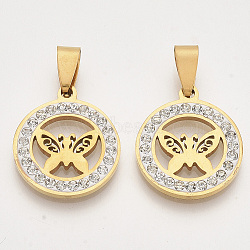 201 Stainless Steel Pendants, with Random Size Snap On Bails and Polymer Clay Crystal Rhinestones, Flat Round with Butterfly, Golden, 23x20x2~3mm, Hole: 7~10x3~5mm(STAS-N089-92G)