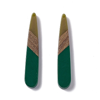 Opaque Resin & Walnut Wood Pendants, Teardrop Charms, Dark Green, 44x7.5x3.5mm, Hole: 1.5mm