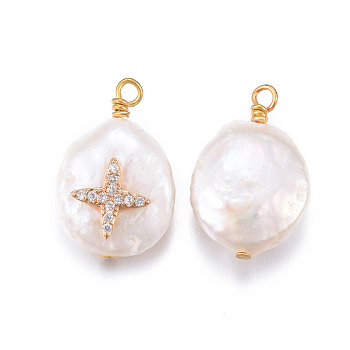 Natural Cultured Freshwater Pearl Pendants, with Brass Cubic Zirconia Findings, Nuggets with Cross, Golden, Clear, 17~26x11~16x5~11mm, Hole: 1.6~2mm