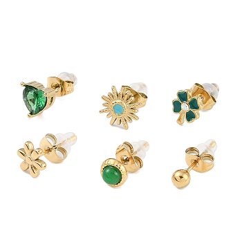 304 Stainless Steel Rhinestone Stone Dyeing Stud Earrings, Mixed Shapes, Mixed Color, 4~10.5x4~10.5mm