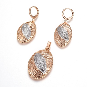 Brass Micro Pave Cubic Zirconia Jewelry Sets, Pendant and Earrings, Long-Lasting Plated, Oval with Eye, Light Gold, 41mm, Hole: 4.5x6mm, 40.5mm, Pin: 1mm