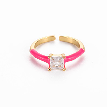 Brass Enamel Cuff Rings, Open Rings, Solitaire Rings, with Clear Cubic Zirconia, Nickel Free, Square, Golden, Deep Pink, US Size 7(17.3mm)