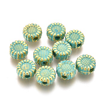 Alloy Beads, Sunflower, Lead Free & Cadmium Free, Golden & Green Patina, 5.5x3mm, Hole: 1.5mm