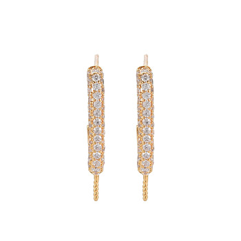 Brass Micro Pave Clear Cubic Zirconia Stud Earring Hooks, for Half Drilled Bead, Nickel Free, Real 18K Gold Plated, 22x3mm, 22 Gauge, Pin: 0.6mm, Pin: 0.6mm(for Half Drilled Bead)