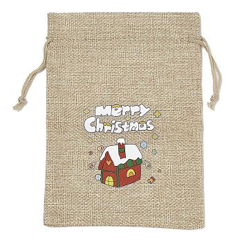 Christmas Printed Burlap Packing Pouches Drawstring Bags, Rectangle, Tan, House, 18x13x0.01cm